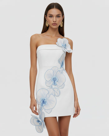 Orchid Embroidered Floral Appliqué Strapless Mini Dress - White Blue