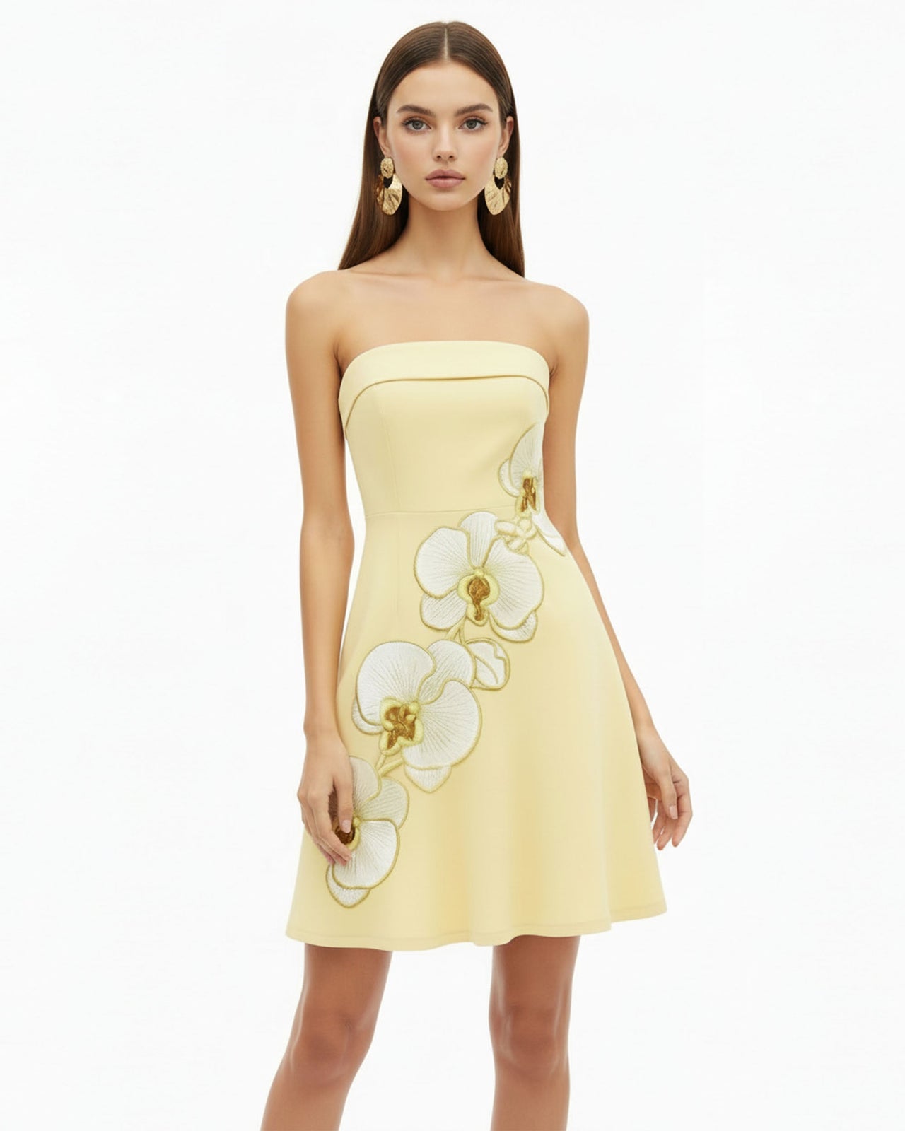 Orchid Embroidered Strapless A-Line Midi Dress - Pale Yellow