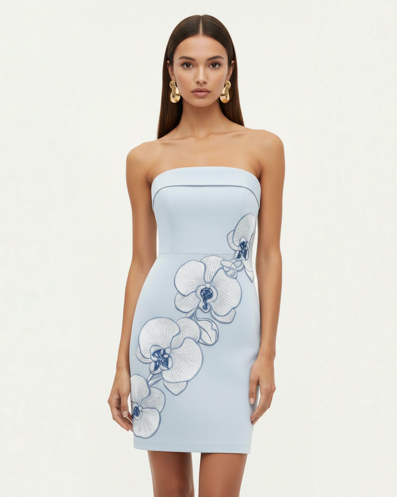 Orchid Embroidered Strapless Sheath Midi Dress - Light Blue