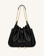 Rowan Ruched Drawstring Chain Bucket Bag - Black
