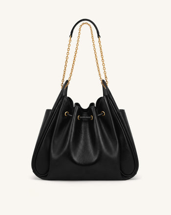 Rowan Ruched Drawstring Chain Bucket Bag - Black