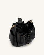 Rowan Ruched Drawstring Chain Bucket Bag - Black