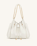 Rowan Ruched Drawstring Chain Bucket Bag - Ivory