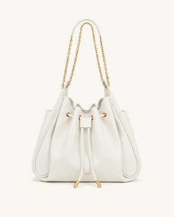 Rowan Ruched Drawstring Chain Bucket Bag - Ivory