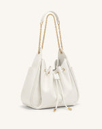 Rowan Ruched Drawstring Chain Bucket Bag - Ivory