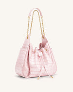 Rowan Ruched Drawstring Chain Bucket Bag - Pink Croc