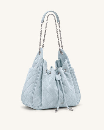 Rowan Faux Suede Quilted Chain Bucket Bag - Blue