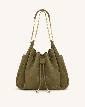 Rowan Faux Suede Quilted Chain Bucket Bag - Olive Green