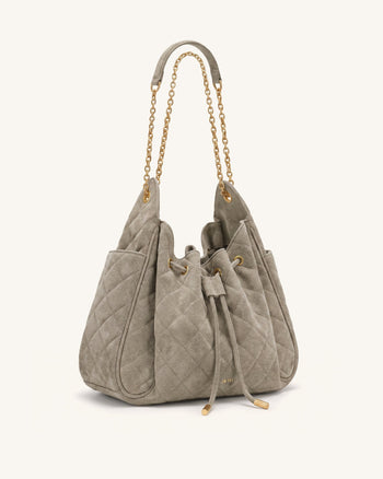 Rowan Faux Suede Quilted Chain Bucket Bag - Gray