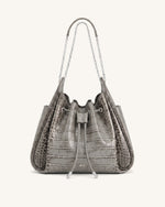 Rowan Ruched Drawstring Chain Bucket Bag - Grey Croc