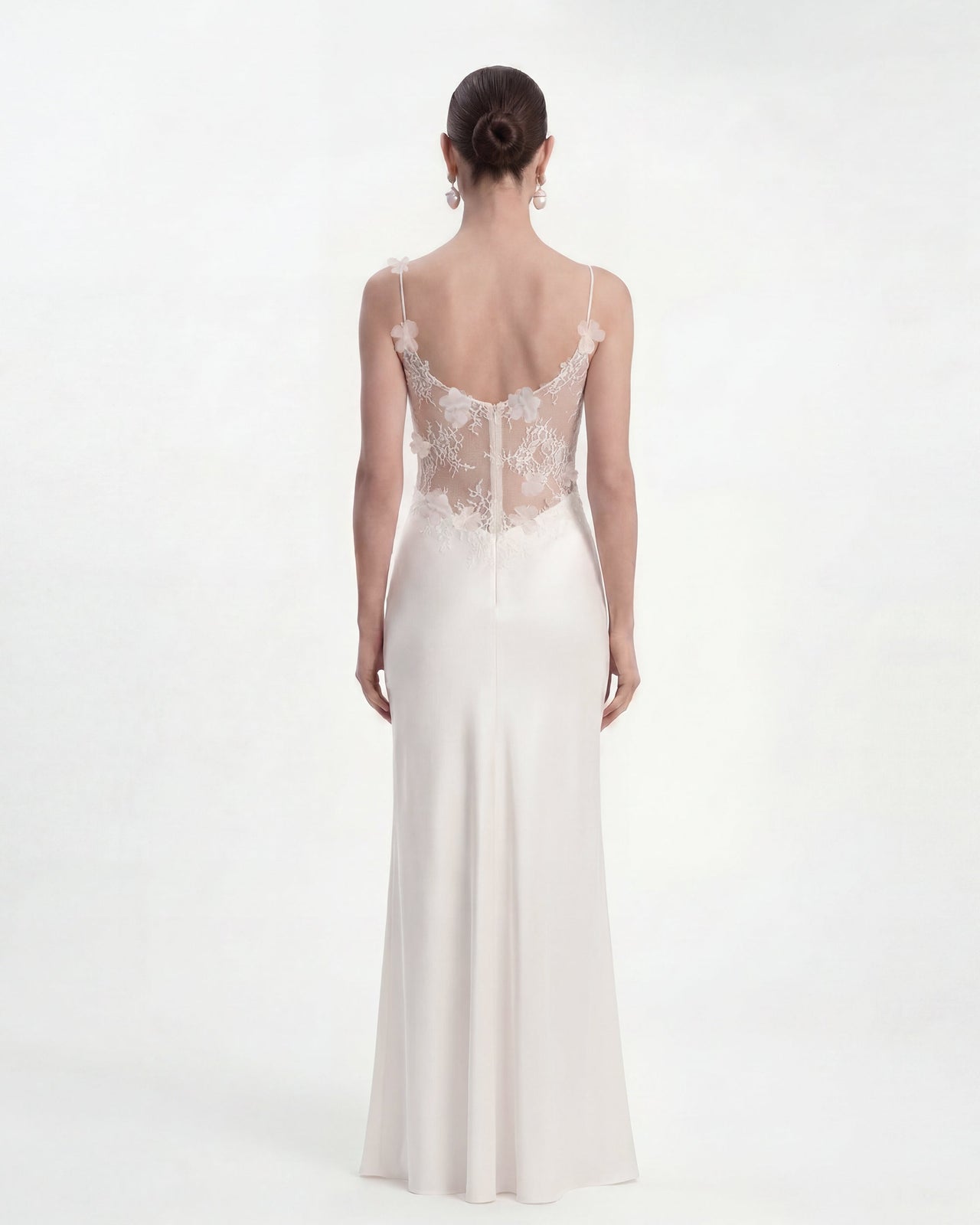 Floral Appliqué Sheer Lace Maxi Dress - White