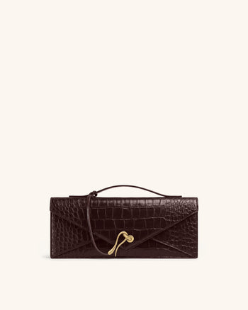 Celeste Envelope Top Handle Bag - Dark Brown Croc