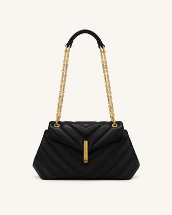 Valerie Quilted Chain Flap Shoulder Bag - Black