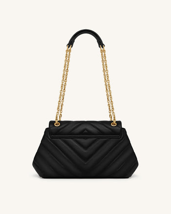 Valerie Quilted Chain Flap Shoulder Bag - Black