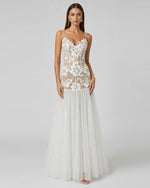 Floral Appliqué Sheer Tulle Maxi Dress - White