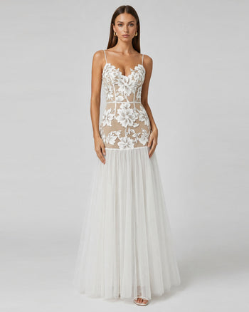 Floral Appliqué Sheer Tulle Maxi Dress - White