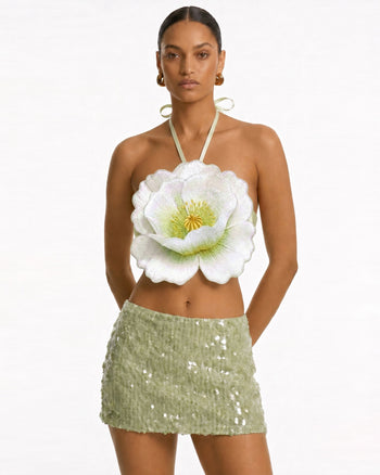 3D Floral Halter Crop Top - Ivory