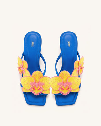 Serena Orchid Embroidered Toe Ring Heeled Sandals - Royal Blue