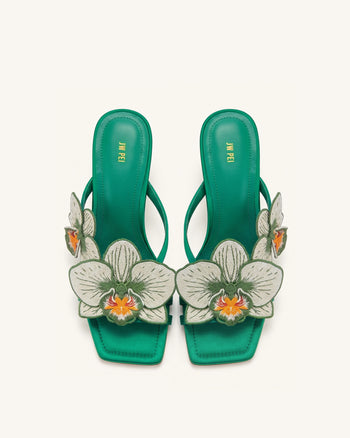 Serena Orchid Embroidered Toe Ring Heeled Sandals - Emerald Green