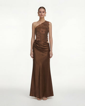 Floral One Shoulder Satin Dress - Brown