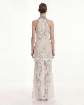 Jeweled Lace Halter Dress - White