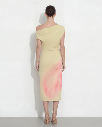 Watercolor Floral Print One-Shoulder Asymmetric Midi Dress - Yellow