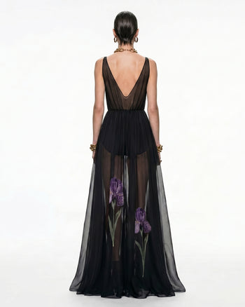 Sheer Floral Print Maxi Dress - Black