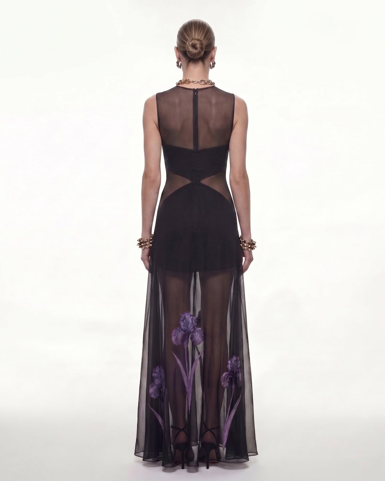 Sheer Floral Print Paneled Maxi Dress - Black