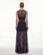 Sheer Floral Print Paneled Maxi Dress - Black