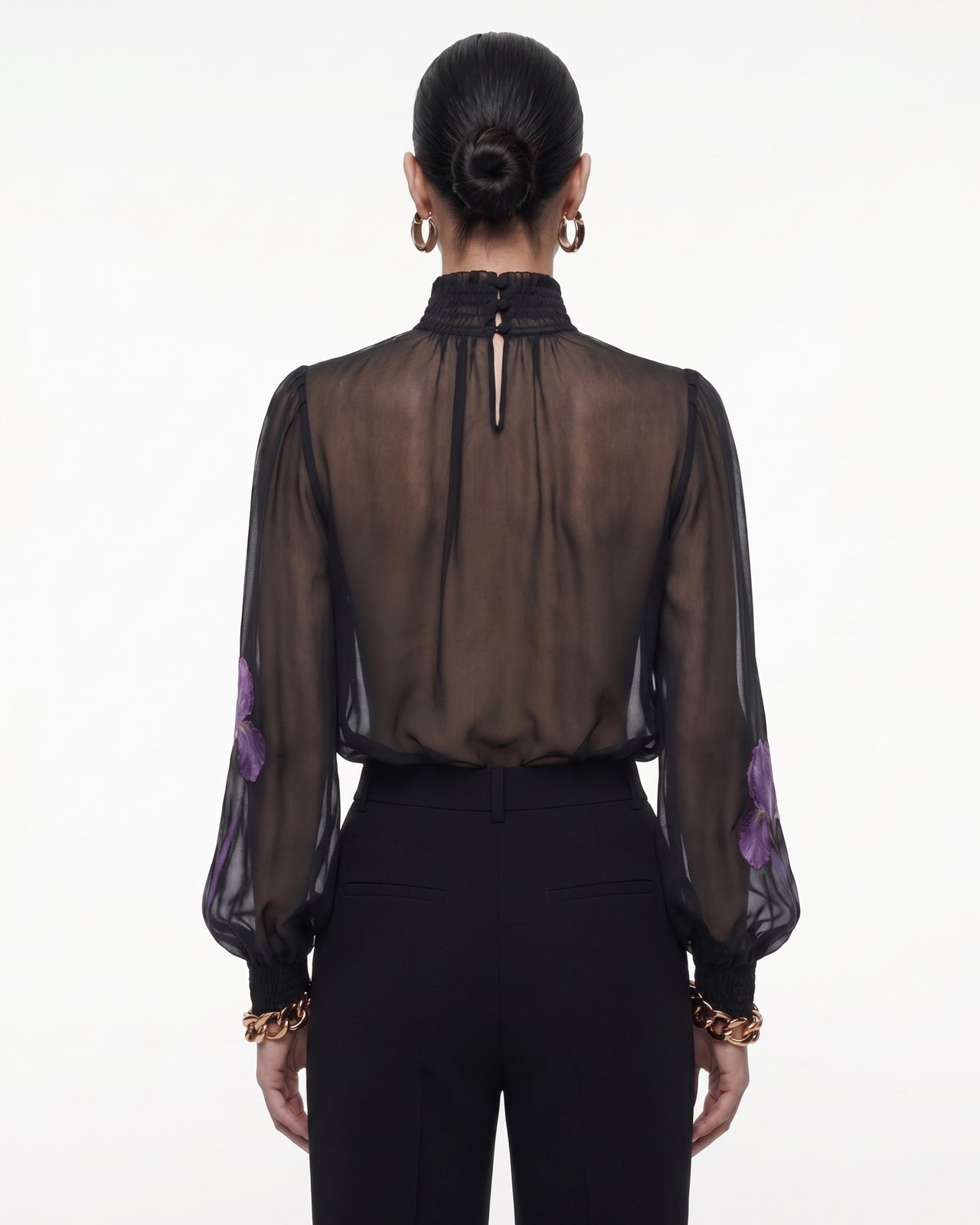 Iris Print Sheer High Neck Blouse - Black/Purple