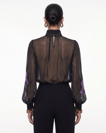 Iris Print Sheer High Neck Blouse - Black/Purple