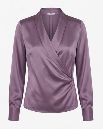 Satin Wrap V Neck Long Sleeve Blouse - Dusty Mauve