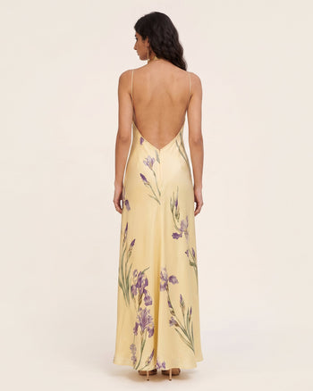 Iris Print Cross-Halter Open-Back Maxi Dress - Yellow