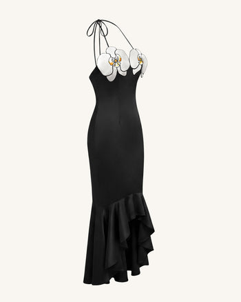 Orchid Embroidered High-Low Midi Dress - Black