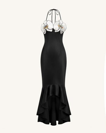 Orchid Embroidered High-Low Midi Dress - Black