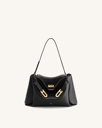Rhea Pebbled Double Buckle Shoulder Bag - Black