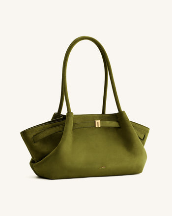 Hana Wide Faux Suede Tote Bag - Olive Green