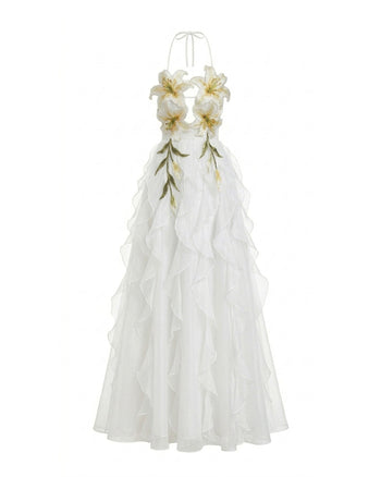 Lily-Embroidered Embroidered Halter Tiered Maxi Dress - White