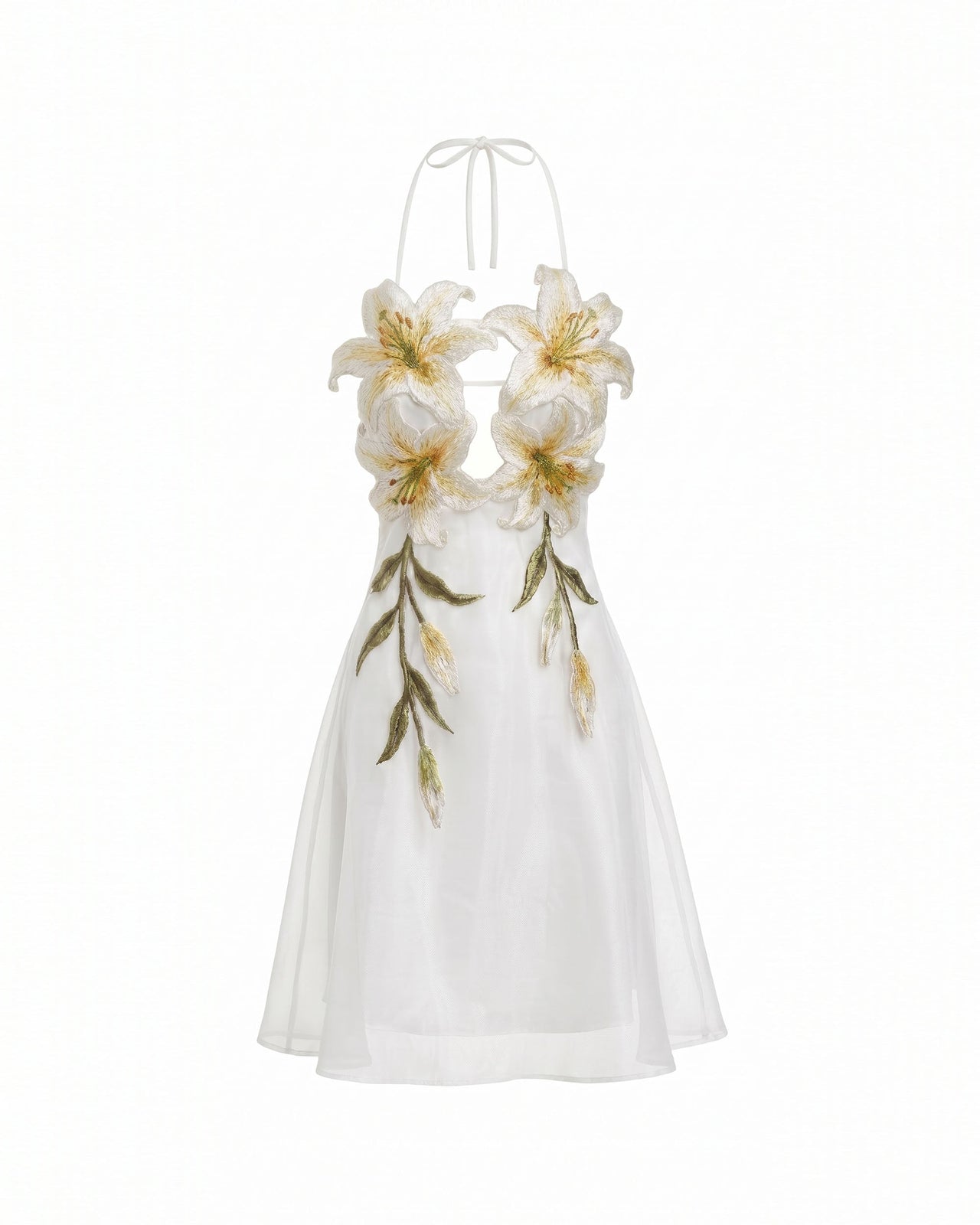 Lily-Embroidered Halter Mini Dress - White