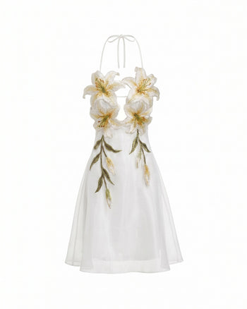 Lily-Embroidered Halter Mini Dress - White