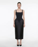 Square Neck Pannier Midi Dress - Black