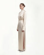 Structured Shoulder Design Satin High-Neck Fitted Maxi Dress - Cream