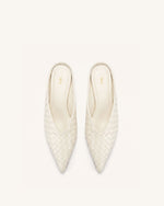 Helena Woven Textured Pointed Toe Mules - Beige