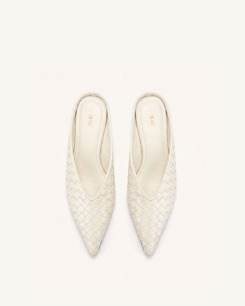 Helena Woven Textured Pointed Toe Mules - Beige