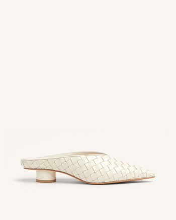 Helena Woven Textured Pointed Toe Mules - Beige