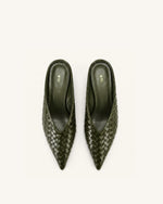 Helena Woven Textured Pointed Toe Mules - Olive Green