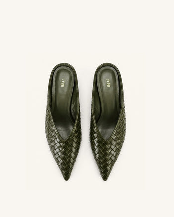 Helena Woven Textured Pointed Toe Mules - Olive Green