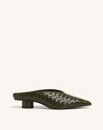 Helena Woven Textured Pointed Toe Mules - Olive Green