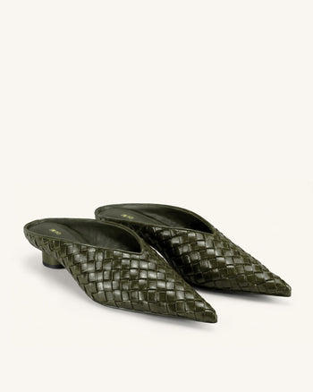Helena Woven Textured Pointed Toe Mules - Olive Green
