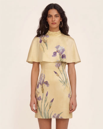 Iris Print Cape Overlay Mini Dress - Soft Yellow